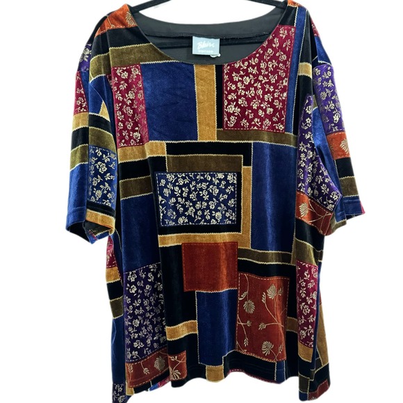 Blair Tops - Vintage Blair Womens Abstract Patch Geometric Velvet Velour Multicolor Top Sz 3X